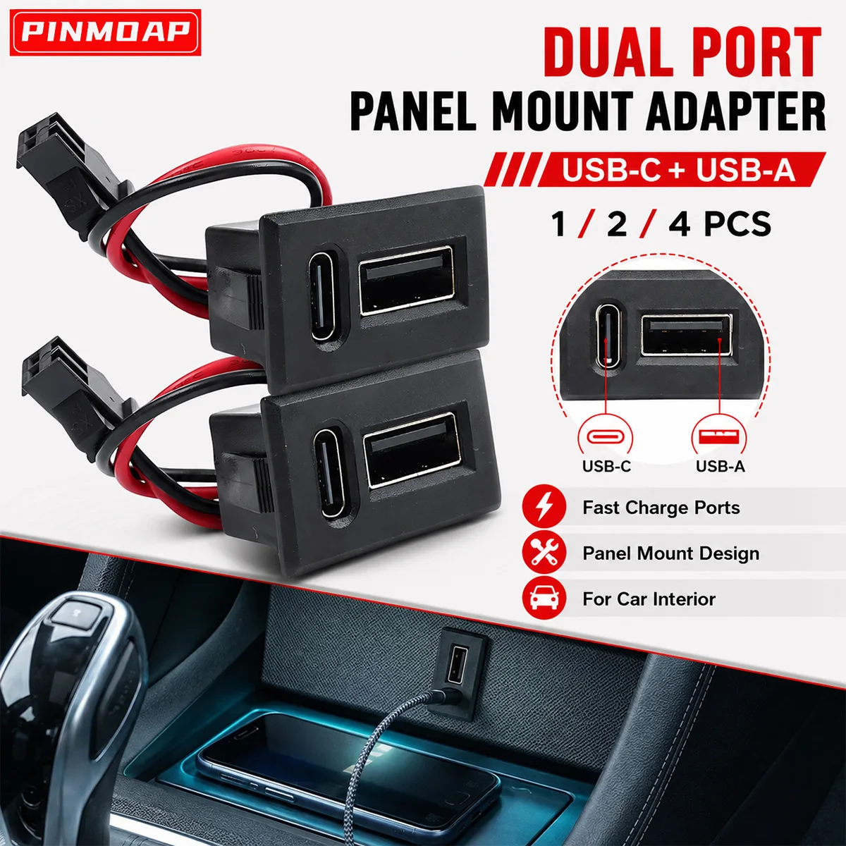PINMOAP Car USB A USB C Flush Mount Charging Port Adapter 20V 3A Panel Power Outlet Socket With Cable for Auto Truck Boat SUV