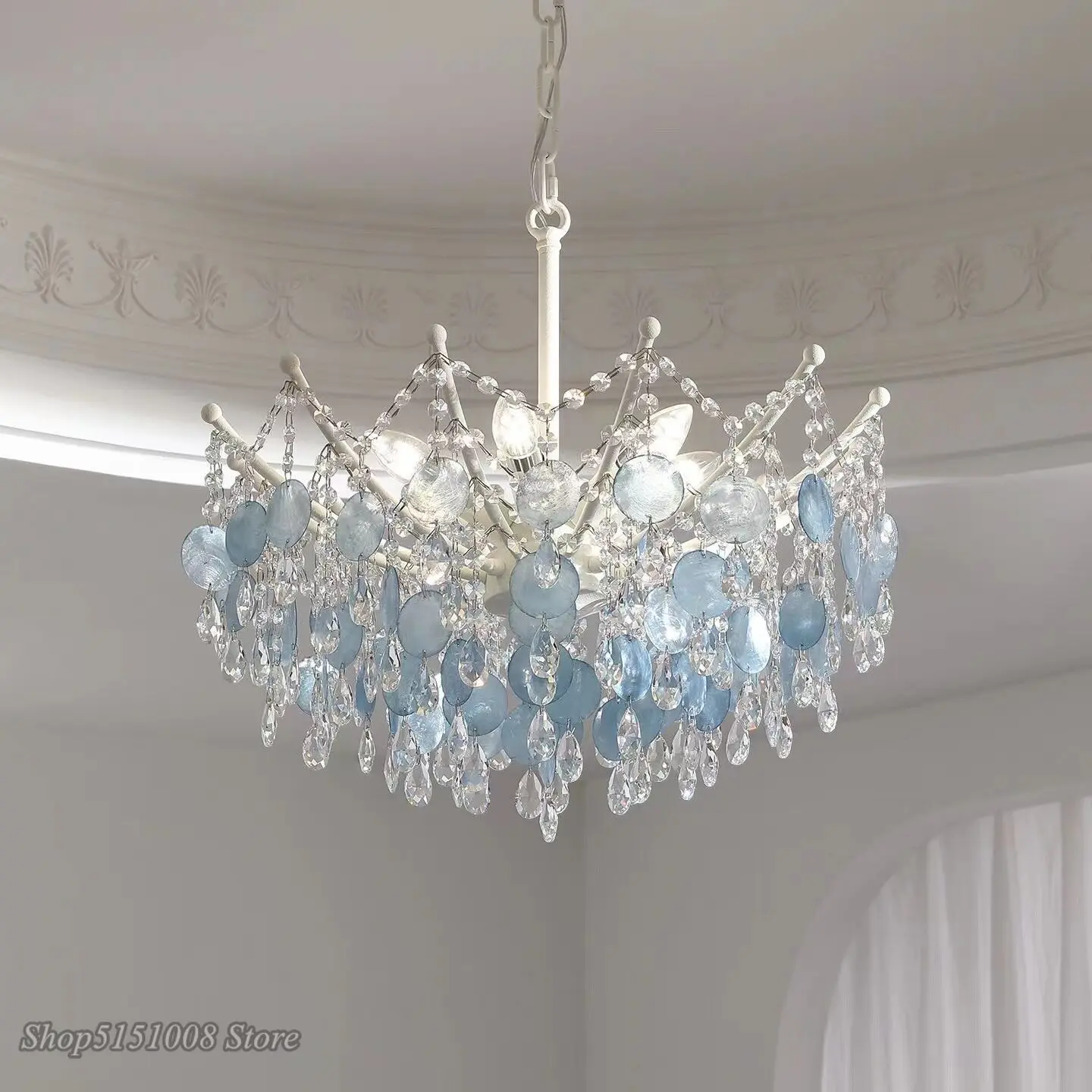 French K9 Crystal Chandeliers Luxury Vintage Natural Shell Pendant Lamp for Romantic Villa Living Dining Room Bedroom Home Decor
