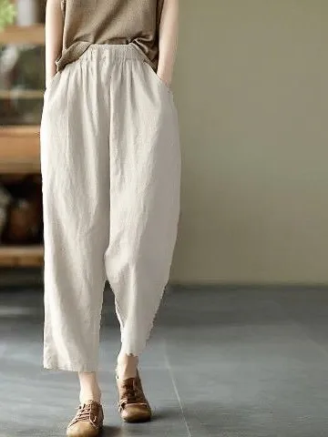 Cotton Linen Women's Loose Casual Pants High Waist Elastic Waist Wide Leg Straight Cut Summer New Style Retro Slimming White