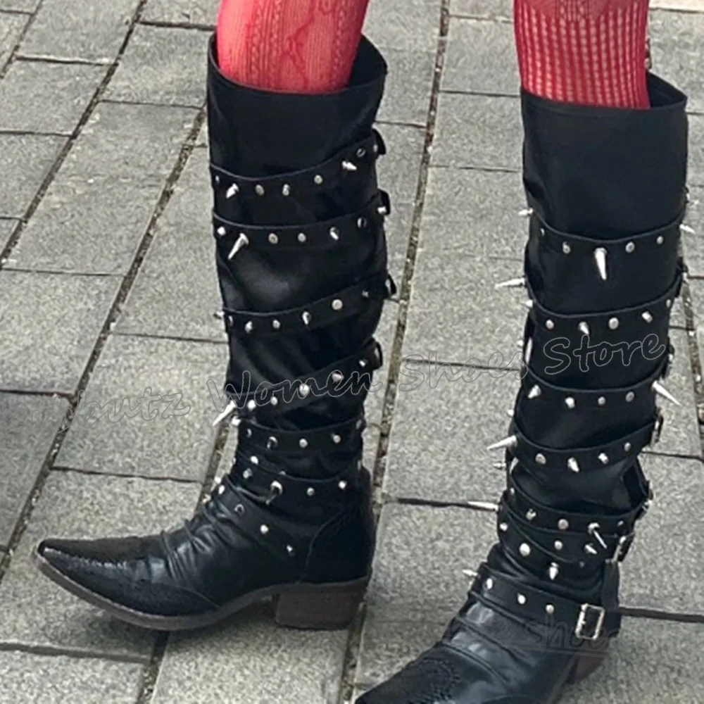 المسامير الشرير الصخرة الأحذية الركبة عالية الجلود بلون موضة أنيقة مثير موجزة الجدة الفاخرة حزام مشبك حار الفتيات الأحذية