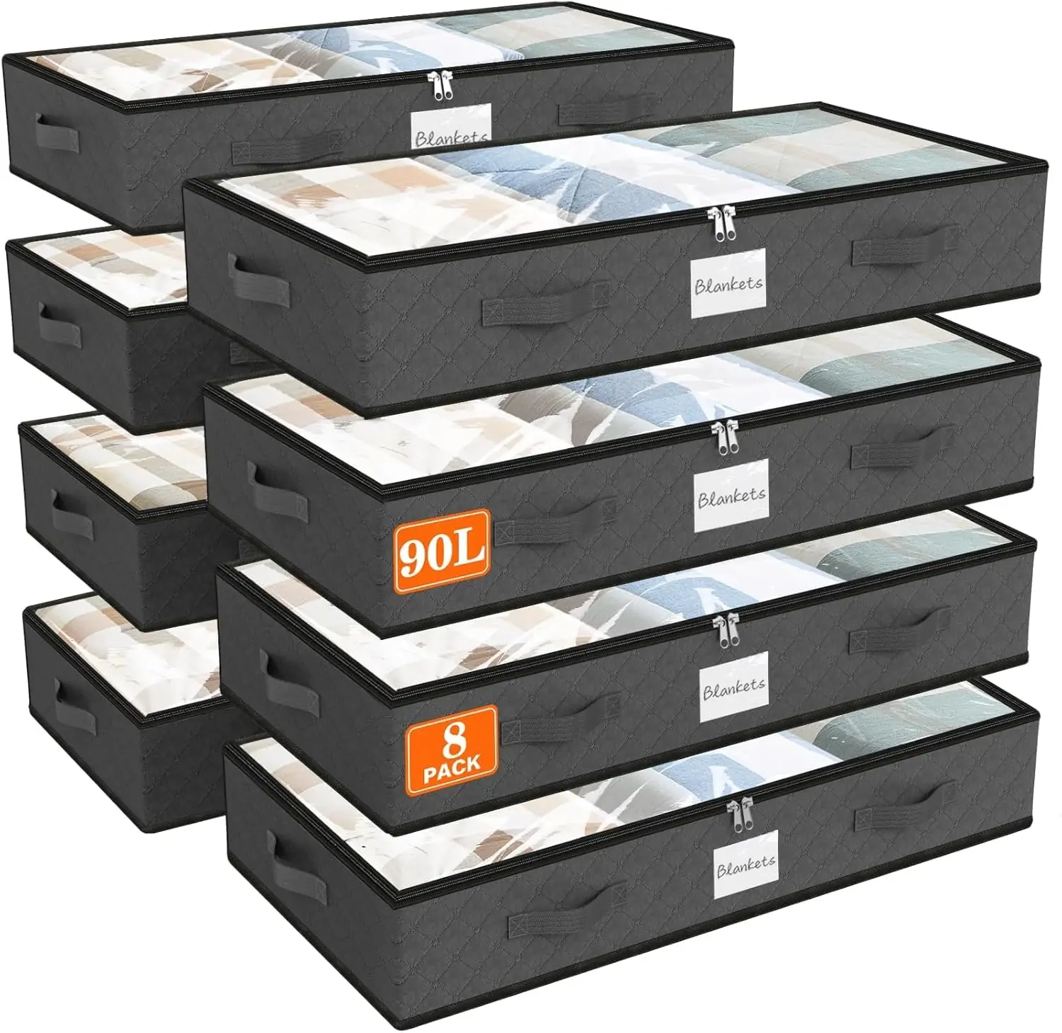 

Контейнеры для хранения под кроватью, 90 л, 8 шт., прозрачные складные органайзеры с держателем для этикеток для одежды и постельного белья