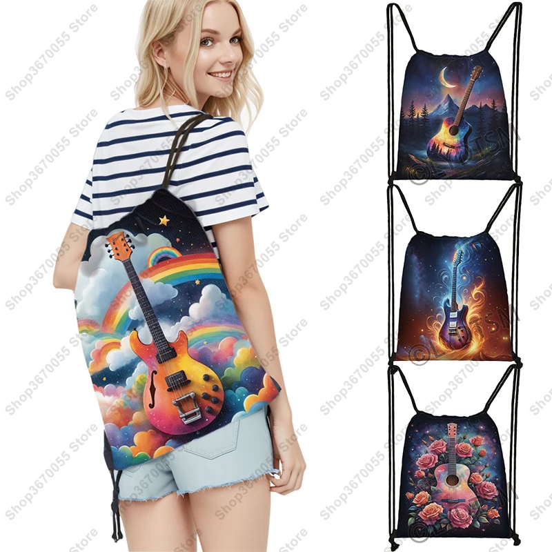 Guitar with Flowers Print Drawstring Bag for Travel Musical Instrument Guitar Backpacks Women Large Storage Book Bag Shoe Holder