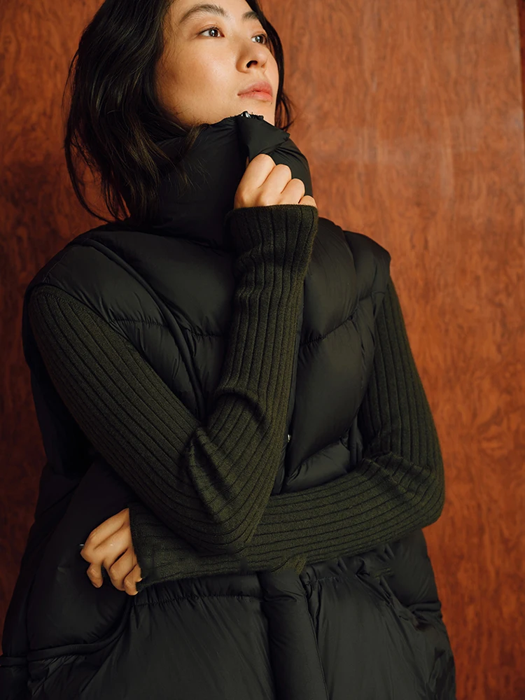 Herbst Winter Gebogene Puff Stehkragen Unten Weste Weibliche Doppel-reißverschluss Weste Outwears Frauen Weiße Ente Unten Flauschigen Warme Westen