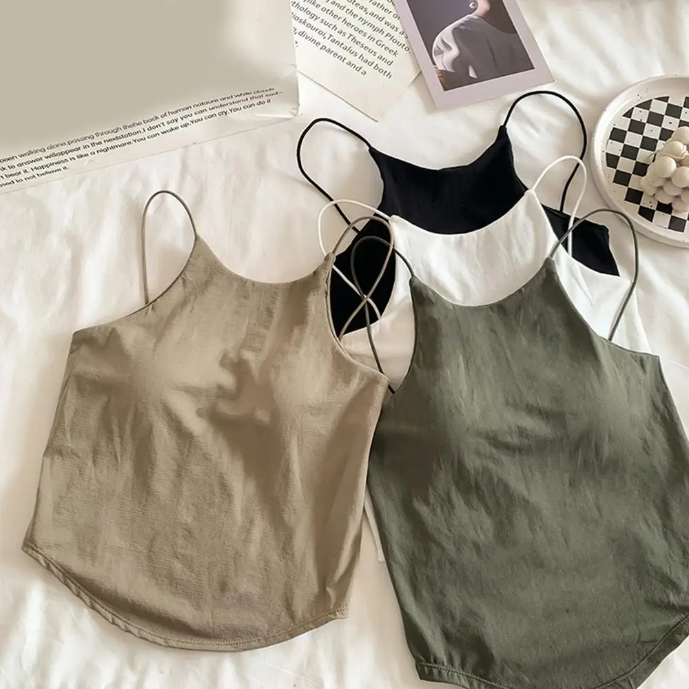

Summer Sexy Camisole Tee Spaghetti Strap Tank Top Vest Sleeveless Tees Solid Color Casual Top With Built In Bra Female Clothing