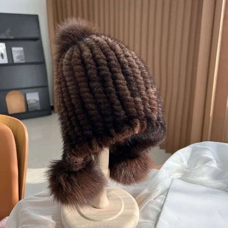 Winter Hot Sale Real Mink Fur Hat For Women Knitted Mink Fur Ear Warm Cap The Spiral Beanies Cap With Fox Fur Pompom On The Top