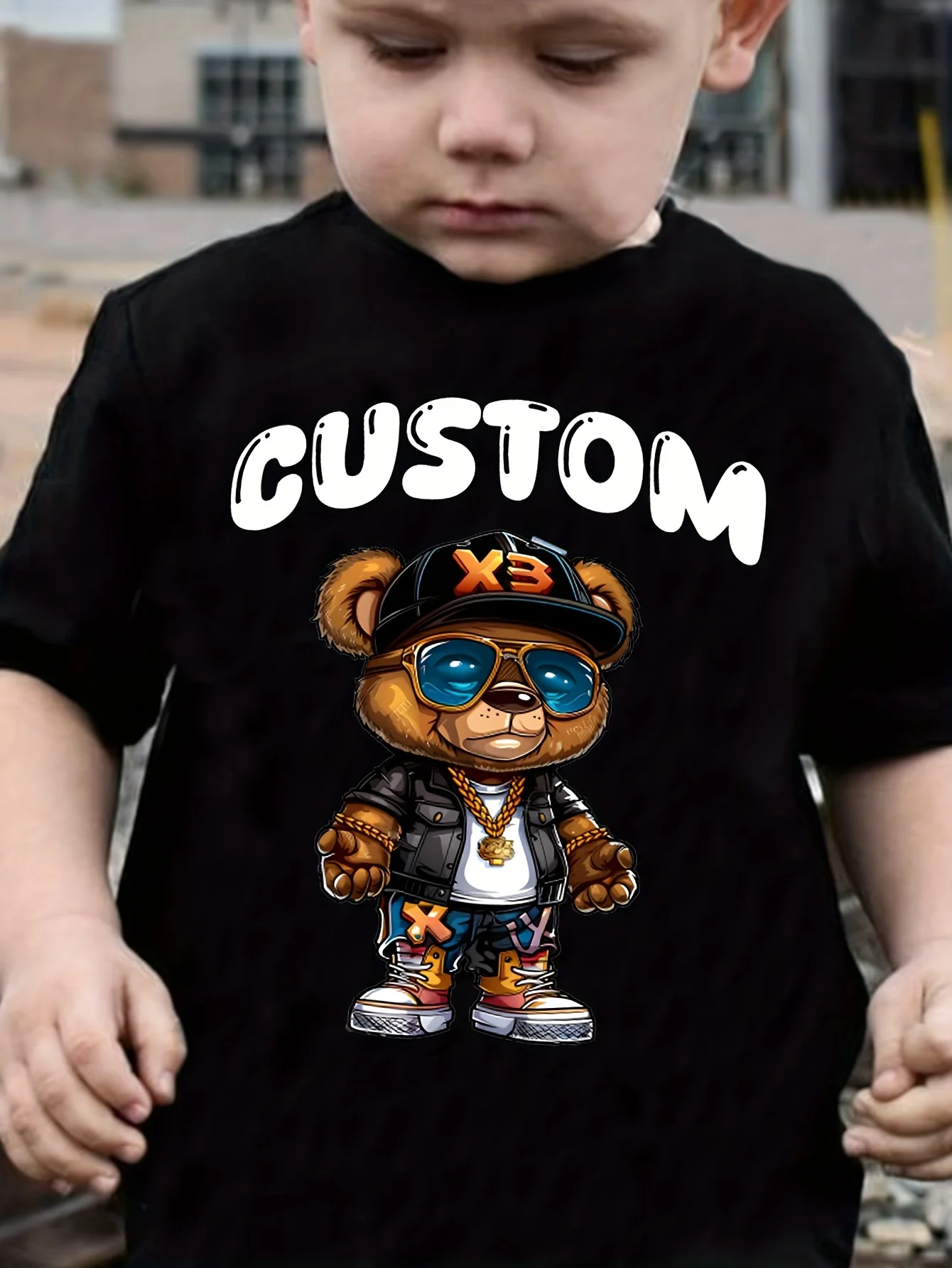 Kids Boys Custom Tee TX20044, Fashion Cool Bear Graphic Print, Crew Neck Short‑Sleeve Custom Children T‑Shirt