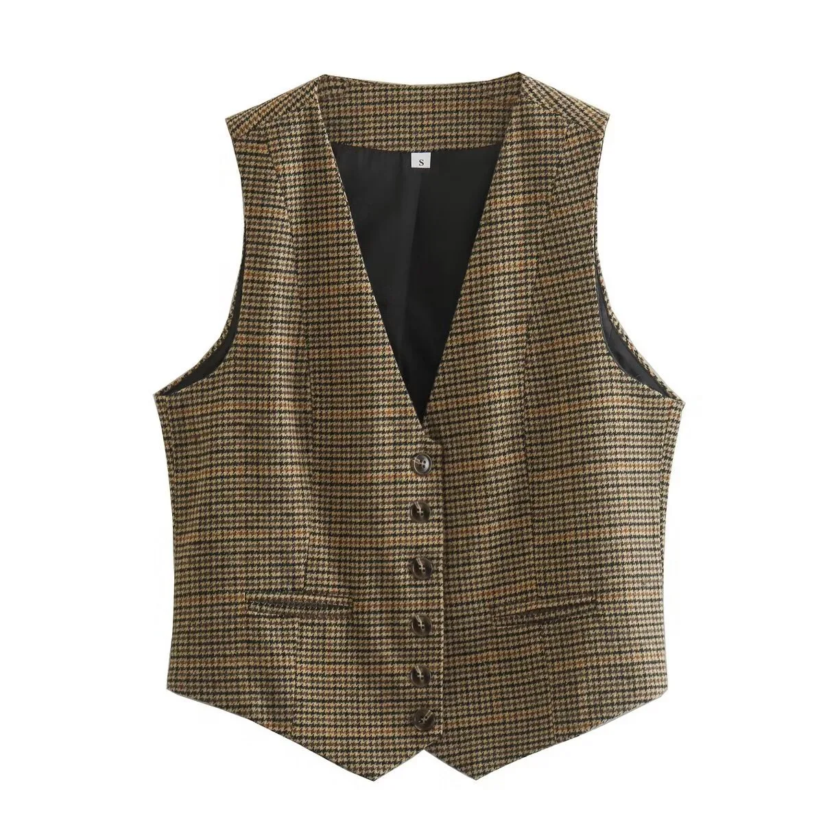 

Vrouwen Euro Stijl V-Hals Houndstooth Pirnt Slim Vest Jasje Dame Retro Mouwloze Knopen Zakelijk Vest Tops