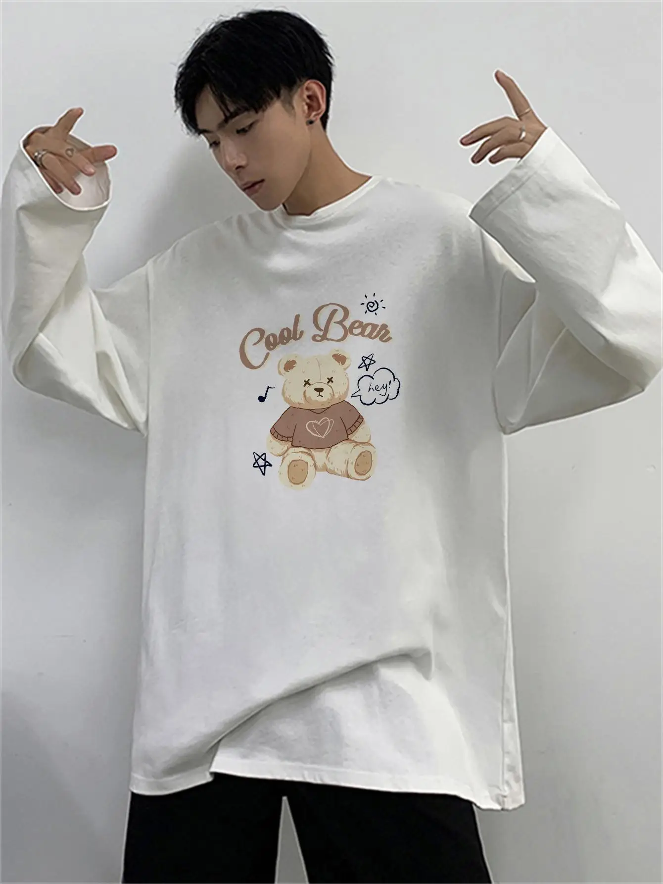 Cool Bear Kawaii Print Men's T-shirts Fashion Brand Long Sleeve Clothing Hip Hop Korean Style Male Tops Luxury Cotton Tee Shirt