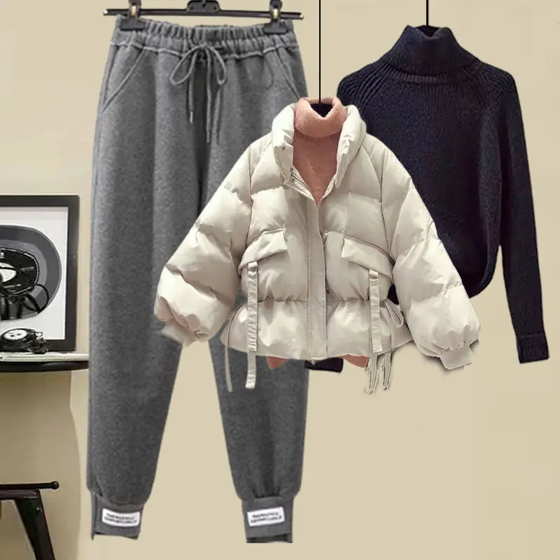 Women's Autumn Winter Short Cotton Coats Turtleneck Sweater Pants Sets Lady Solid Jackets Knit Bottoming Tops Trousers Outfits