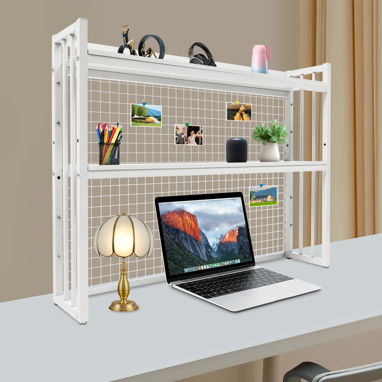 Bookshelf Desk Storage Shelf Grid Bookshelf Steel Multi-Layer Shelf Computer Desk Gaming Table Display W/Grid for Office Home