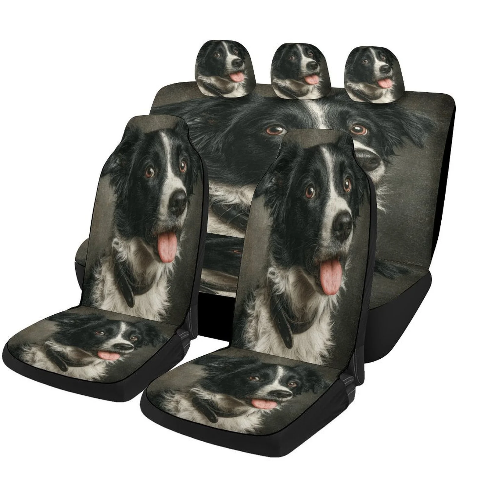 

Black White Dog Tongue Out Designed Car Seat Cover Set For Most Cars, Trendy Novelty High-quality Car Seat Protector Covers Full