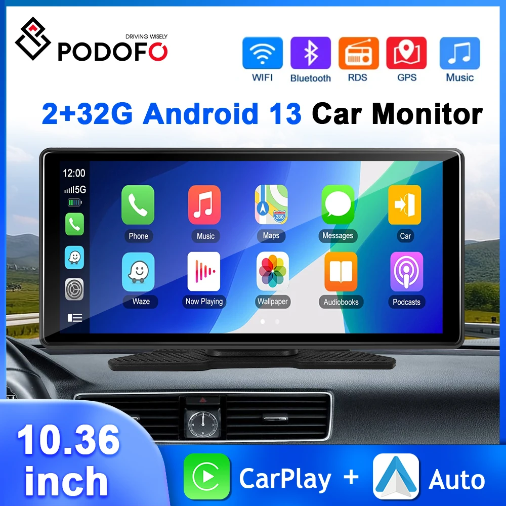 Podofo 10.36'' Car Monitor Dashboard Android 13 WIFI Dash Cam Wireless Carplay Android Auto GPS Navigation AUX/FM Car Audio