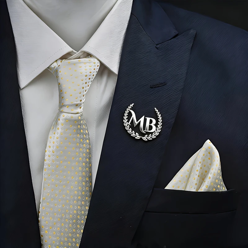 Custom Initials Gold Laurel Brooch Custom Logo Brooch Personalized Letter Wreath Pin Horizontal Two Letter Men and Women Brooch