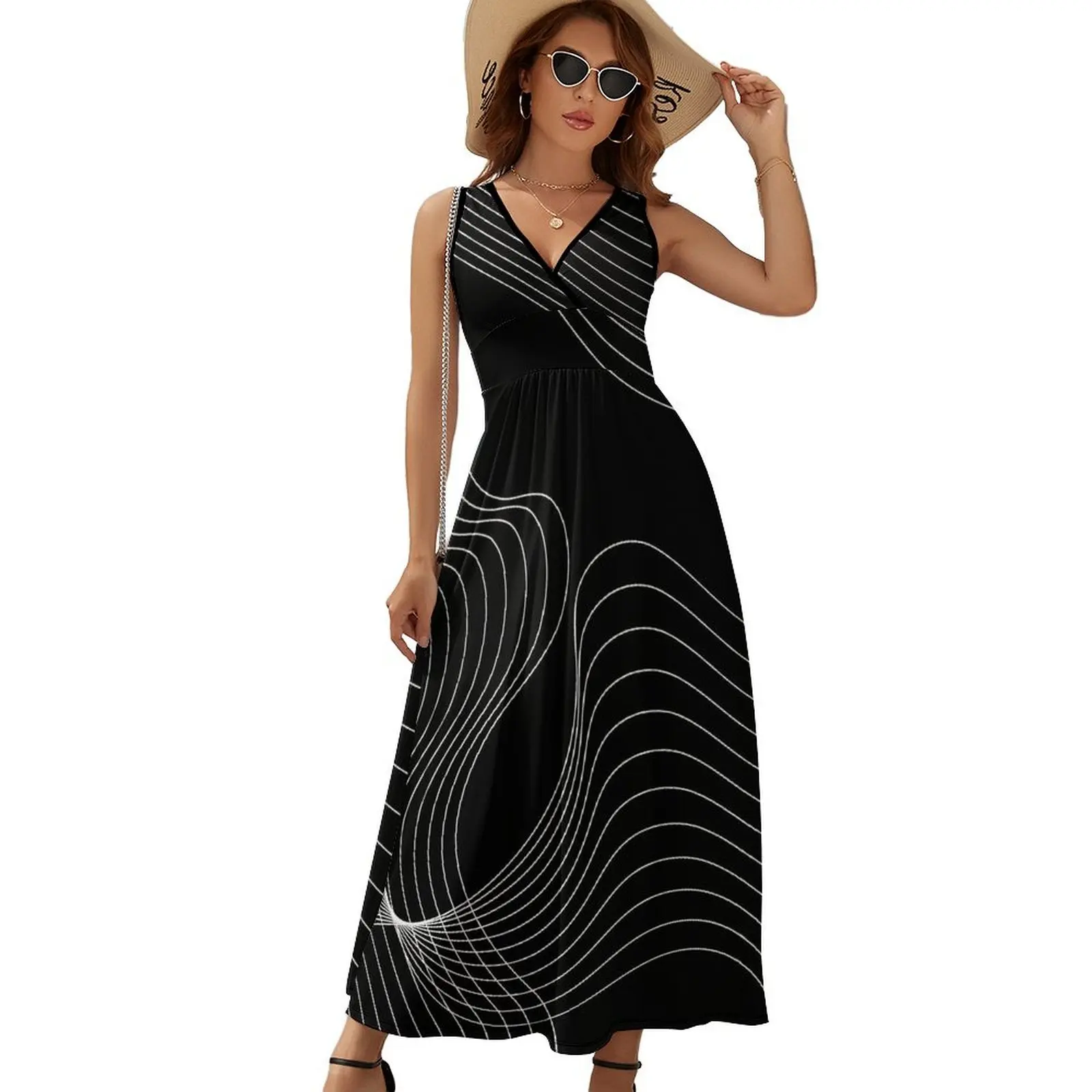 

Striped Print Dress Summer Wave Abstract Lines Casual Bohemia Long Dresses Woman High Waist Custom Club Maxi Dress