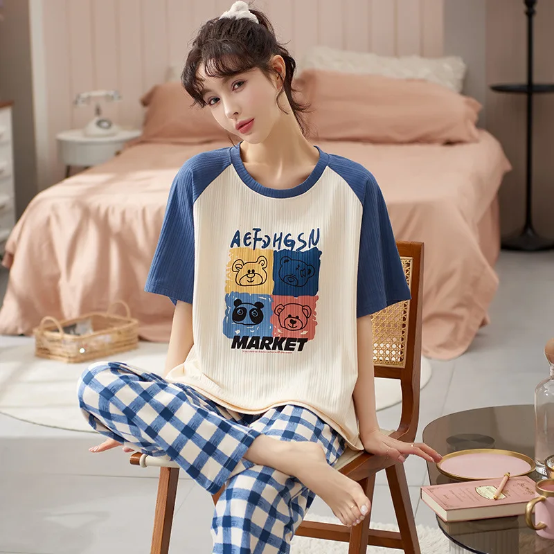 New Sleepwear Cartoon Cotton Pajamas for Women Long Pants Short Sleeved Summer Spring Loungewear Fashion Home Clothing Homewear