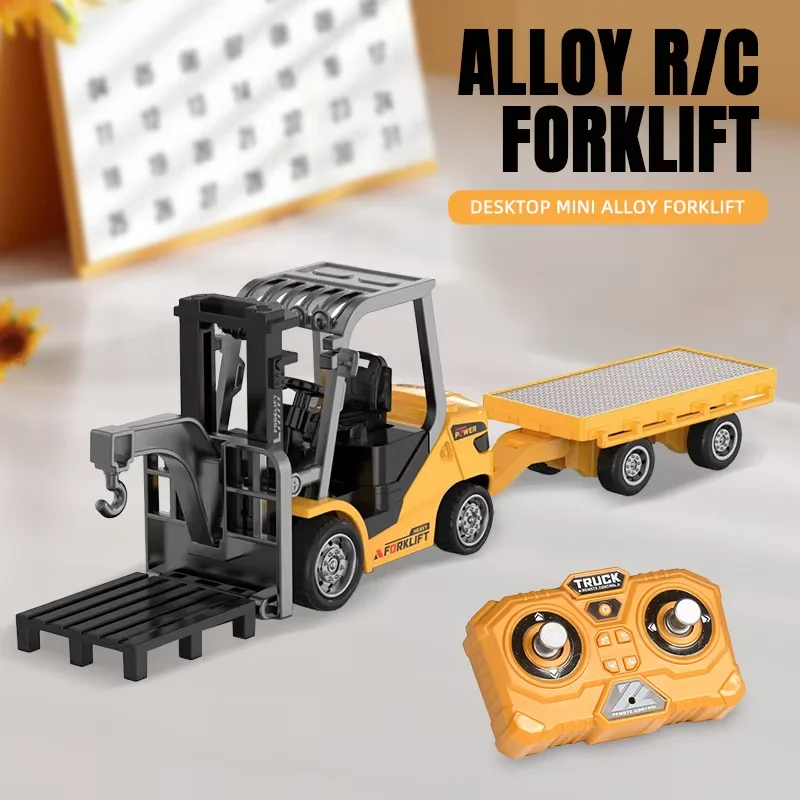 1/64 2.4G RC Mini Alloy Forklift With Trailer Desktop Game Full-scale APP Remote Control Engineering Lift Truck Kids Toys Gifts