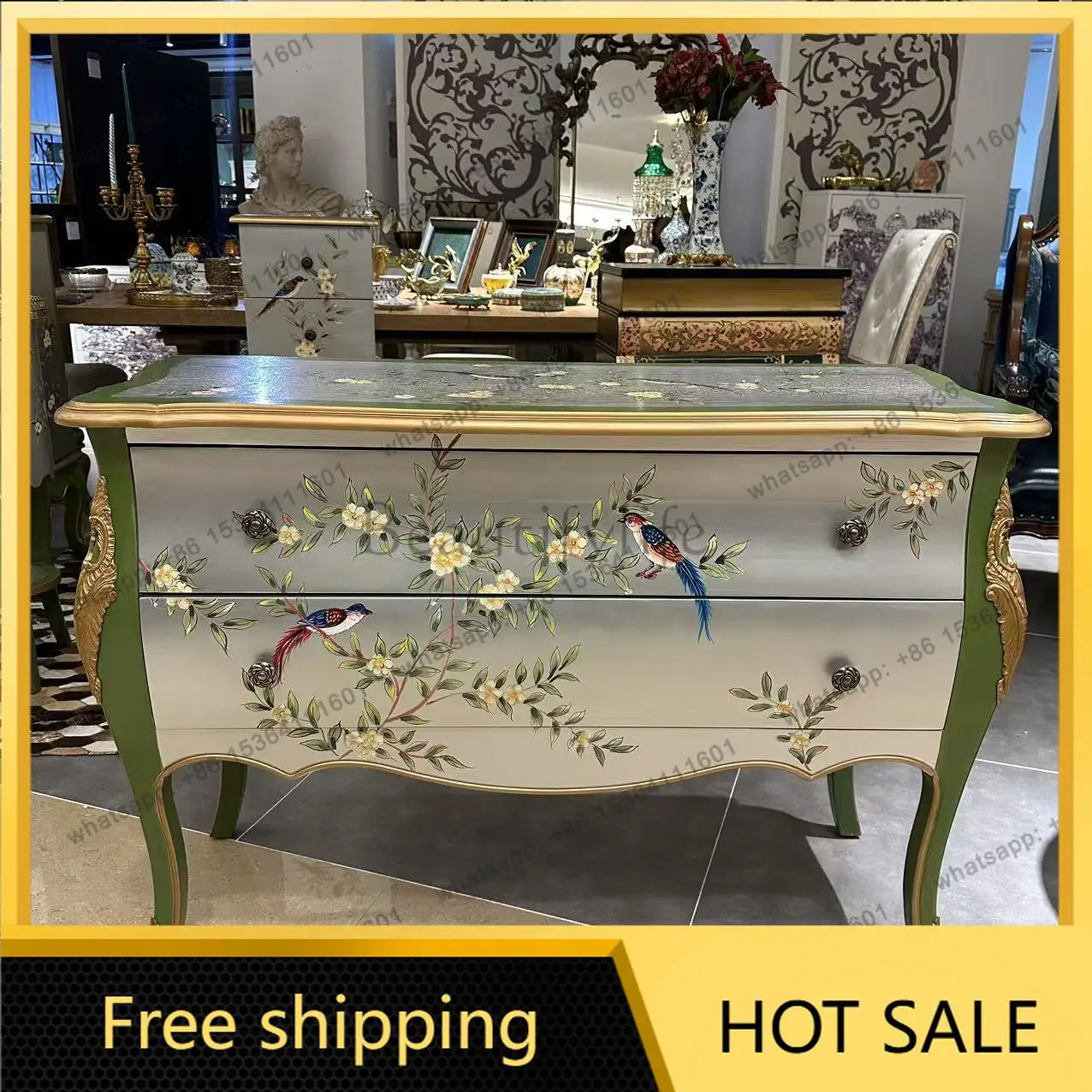 LD new Chinese entrance two chest cabinets large capacity foyer storage cabinet flowers and birds