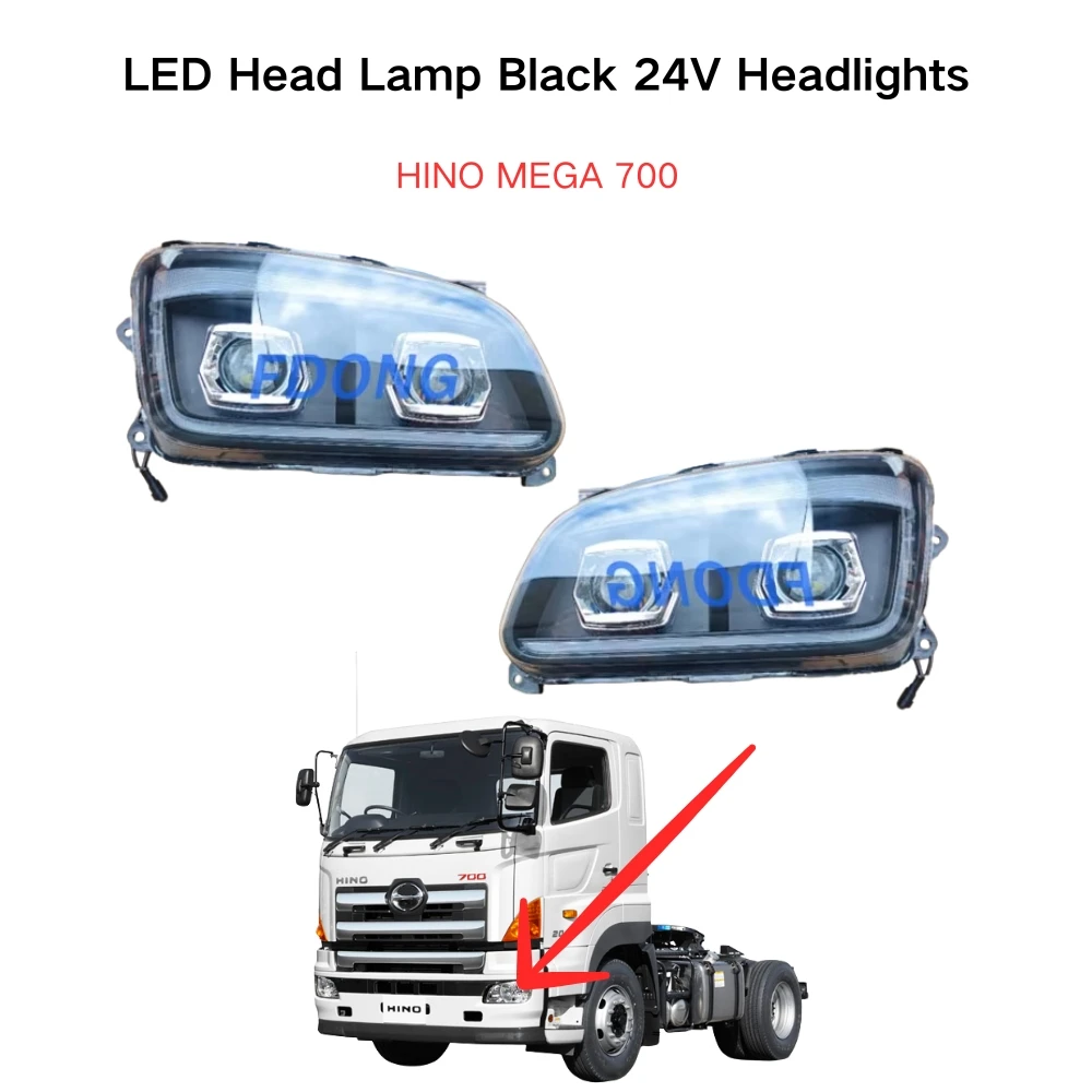 FDONG 1 Set 2 Pcs LED Head Lamp Black 24V Headlights for HINO MEGA 700