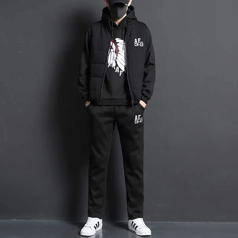 3 قطع مجموعة هوديس سترة السراويل الرجال عادية بذلة رياضية الملابس معاطف الشتاء سميكة الدافئة رياضية للرجال المطبوعة الرجال مجموعة سترة