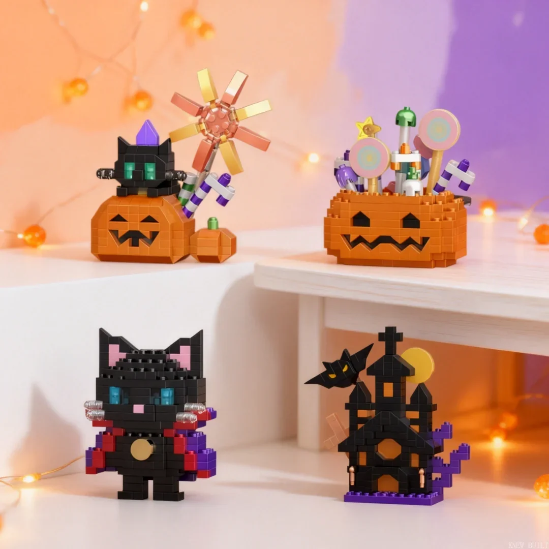 Halloween Gift Decor Micro Building Block–Cute Cartoon Skeleton Pumpkin Lantern Ghost House,Easy DIY Party Favor,Educational Toy