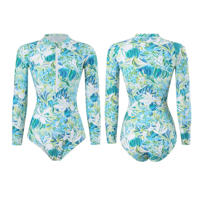 Long Sleeve Rash Guard Swimsuit Women One Piece Zip Up Floral Printed Athletic Swim Wear Bathing Suit Rashguards Monokini