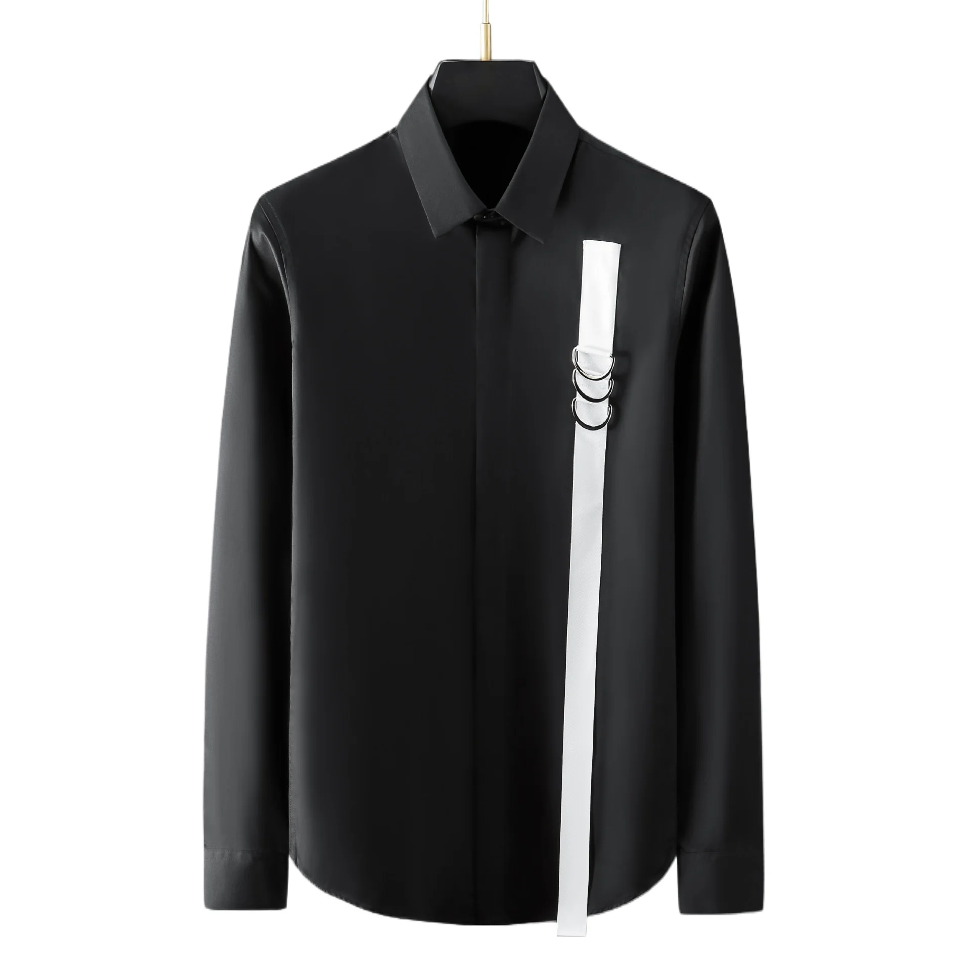 Metal Ribbon Decoration Cotton Men's Shirts Long Sleeve Casual Shirt Slim Social Party Banquet Star Stage Shirts Man Clothing