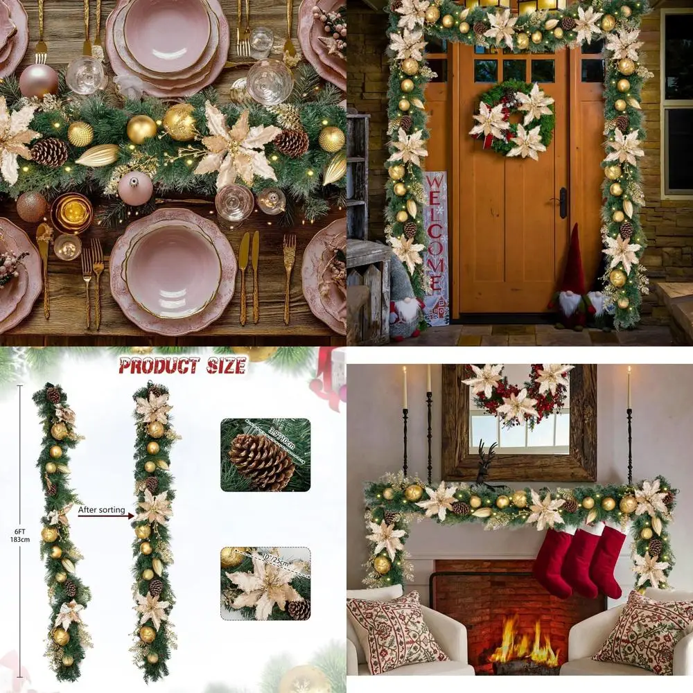 

Battery-Powered Gold Christmas Garland with LED Lights, Pine Cones, Berries, and Poinsettias for Indoor/Outdoor Home Decor