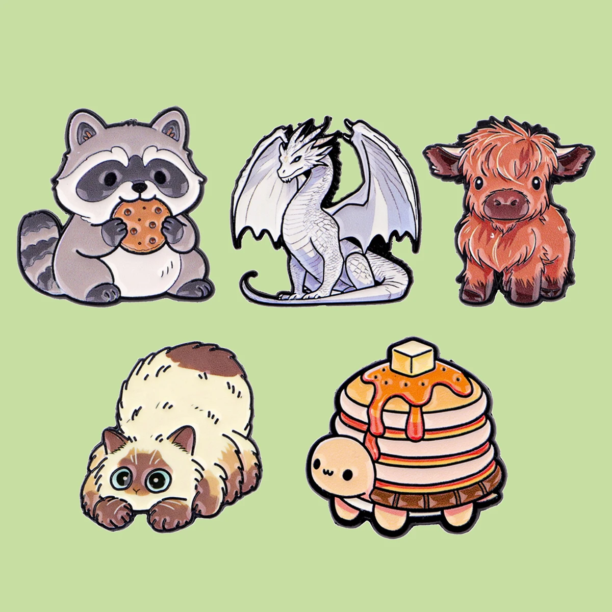 5pcs/Set Cute Raccoon Animal Enamel Pin Cartoon Cat Yak Turtle Dragon Brooches for Backpacks Jackets Badges Jewelry Gift