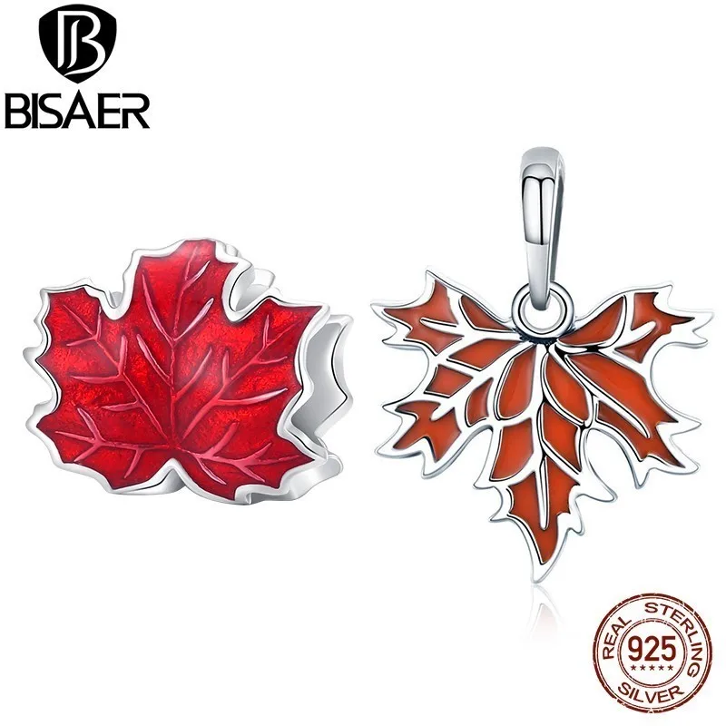 BISAER 100% 925 Sterling Silver Maple Leaf Charm Bead Red Pendant Fit Passionate Women DIY Necklace Bracelet Fine Jewelry Making