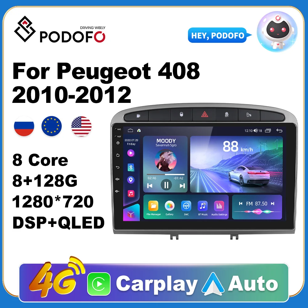 

Podofo Car Android CarPlay Radio Multimedia Player For Peugeot 408 2010-2012 2 Din Autoradio Video AI Voice GPS Navi 4G WiFi
