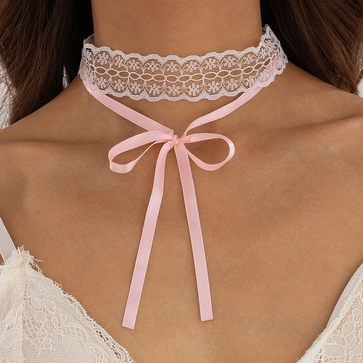 PuRui Sexy Elegant Pink Bow Hollow Lace Necklace For Women Sweet Bowknot Clavicle Collar Chain Jewelry Accessories Daily Party