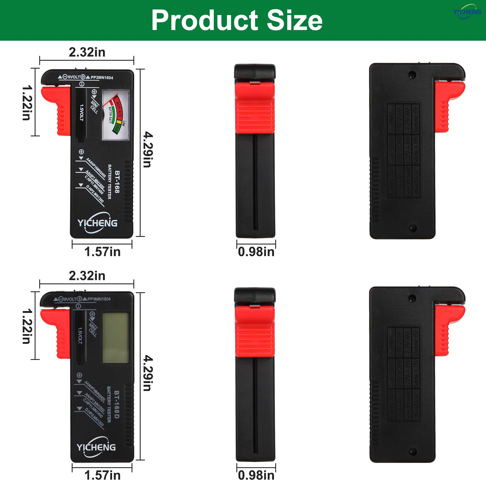 جهاز اختبار بطارية YICHENG (2 قطعة)، مدقق بطارية عالمي لبطاريات خلية زر AA / AAA / C / D / 9V / 1.5V، BT-168 / BT-168D