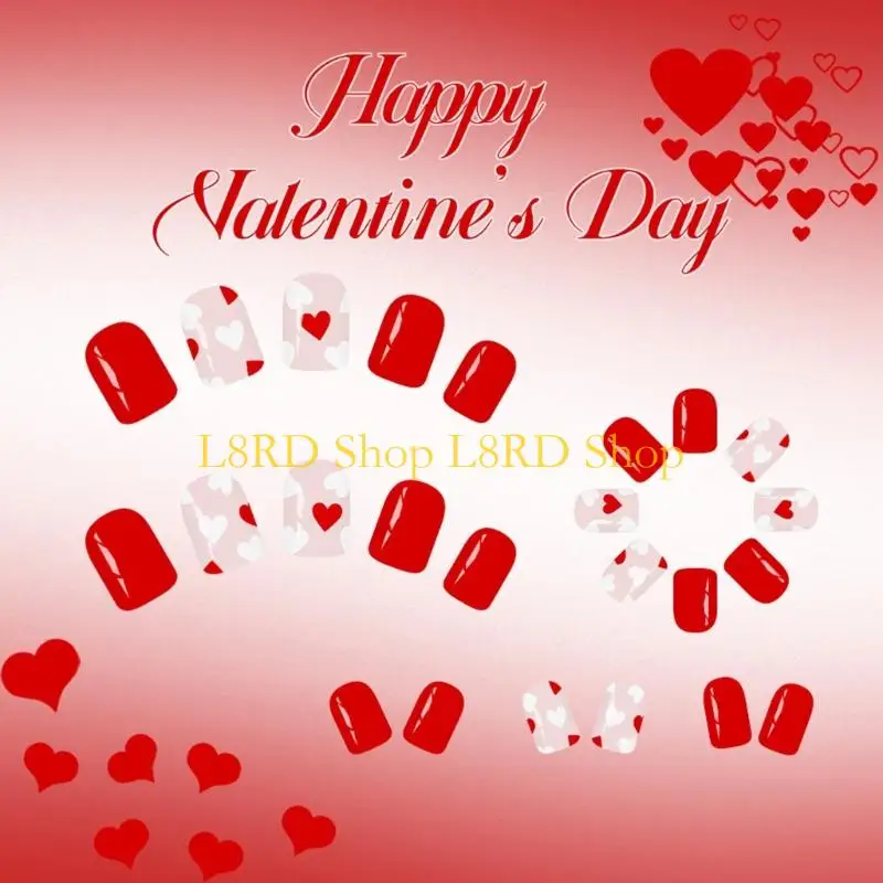 L8RD 24Pieces Glossy Square Press On Romantics Valentines Heart Design ABS