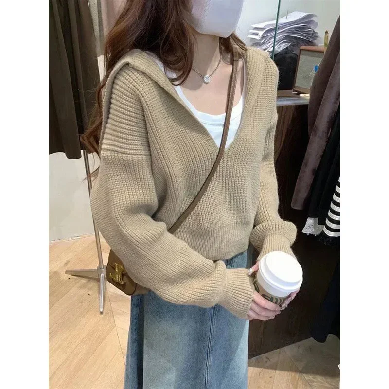 Vintage V-neck Navy Neck Short Sweater Long Sleeve Top Black Grey Y2k Clothes Sueter Grunge Aesthetics  Knit Korean Tops