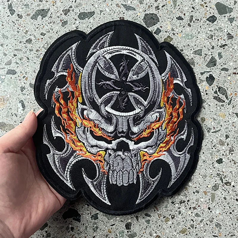 Fire Skull Back Embroidered Patch Motorcycle MC Biker Patch Iron On Patches For Clothing Sew Motor Racing Rider For Vest Jackets