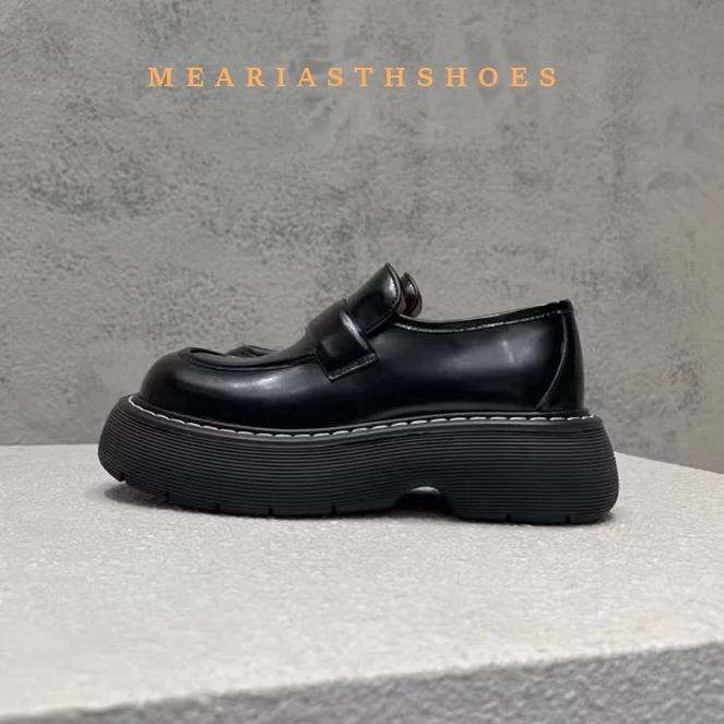 

2026 Spring New Loafers Women Genuine Leather Heightening Soft Thick-Soled Casual Leather Shoes Round Toe Black/dark Green Shoes