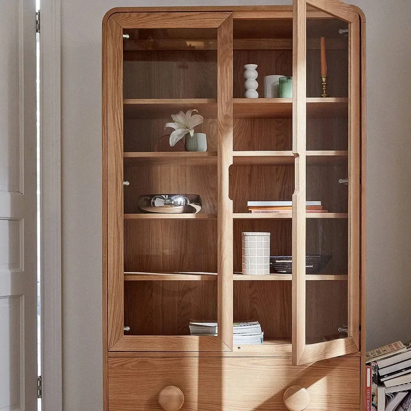 Nordic log color bookcase Modern simple drawer display case Glass decorative cabinet Children's room side cabinet Locker