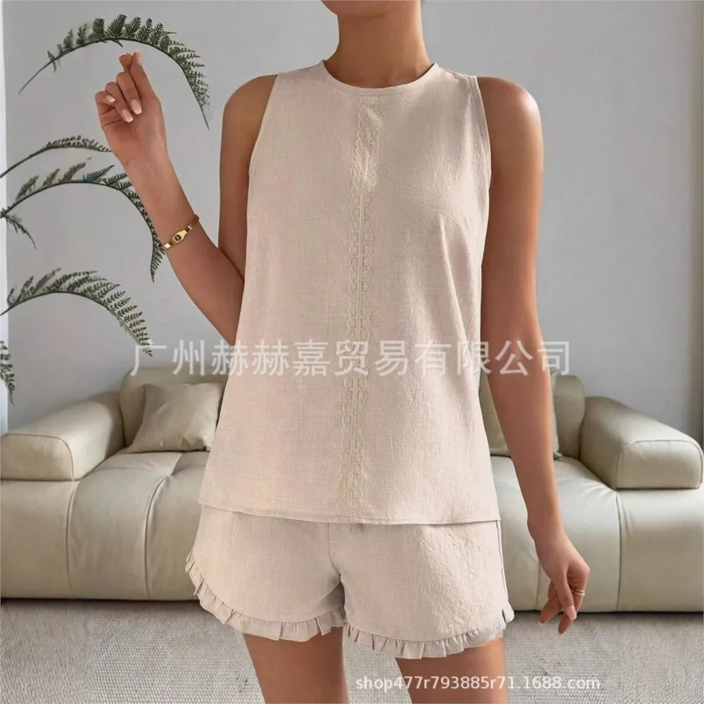 

Women's Fashion Casual Sleeveless Shirt And Ruffled Patchwork Shorts Two-piece Set 2025 Summer New Shorts Suits Woman Outfits