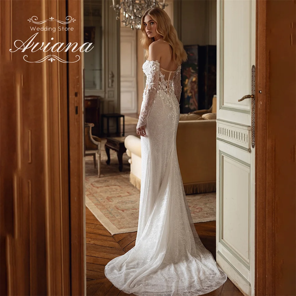 Aviana Aangepaste Parels Kant Zeemeermin Trouwjurk Applicaties Hoge Zijsplit Lieverd Strapless Mouwloos Hofsleep Nieuw