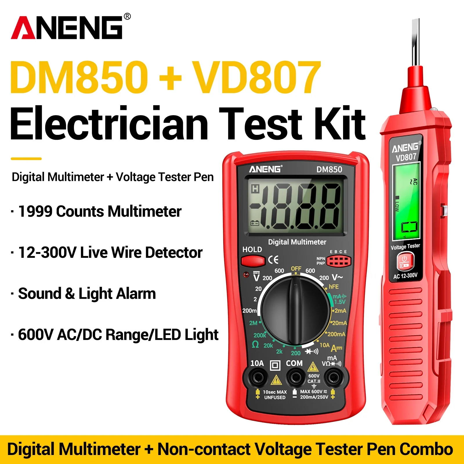 ANENG DM850 Digital Multimeter VD807 Voltage Test Pen Kit 12‑300V Voltage Detector NCV Home Electrical Maintenance Repair Tool
