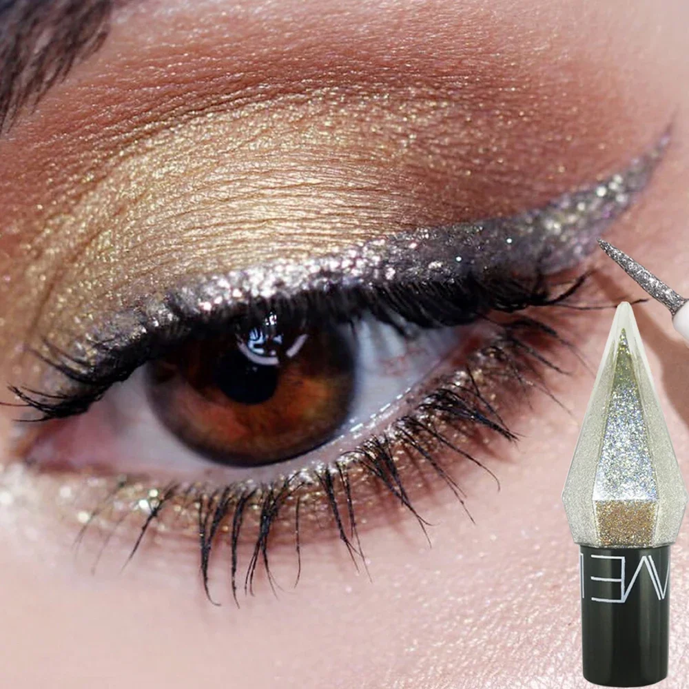 Sombra de ojos de diamante brillante, delineador de ojos plateado, resistente al agua, Color oro rosa, lentejuelas brillantes, sombra de ojos, maquillaje, Cosméticos de belleza