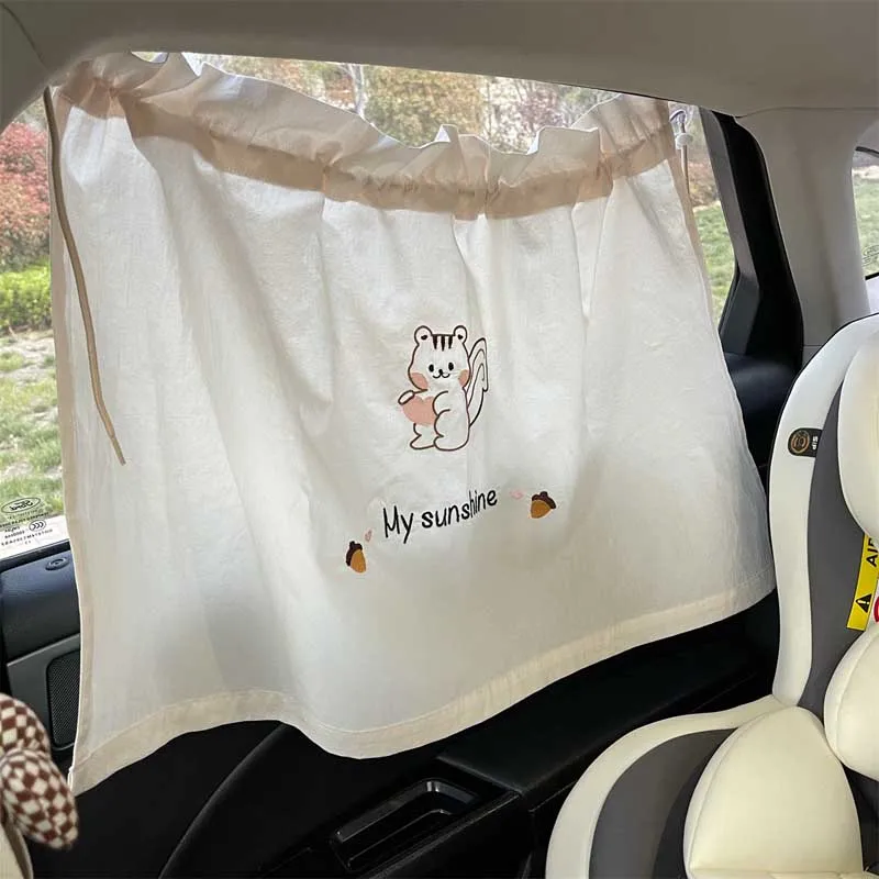 Summer Sun Shade Creamy Color Embroidered Bear Rabbit Car Curtains Children Room Window Blackout Curtain Cartoon Sunscreen