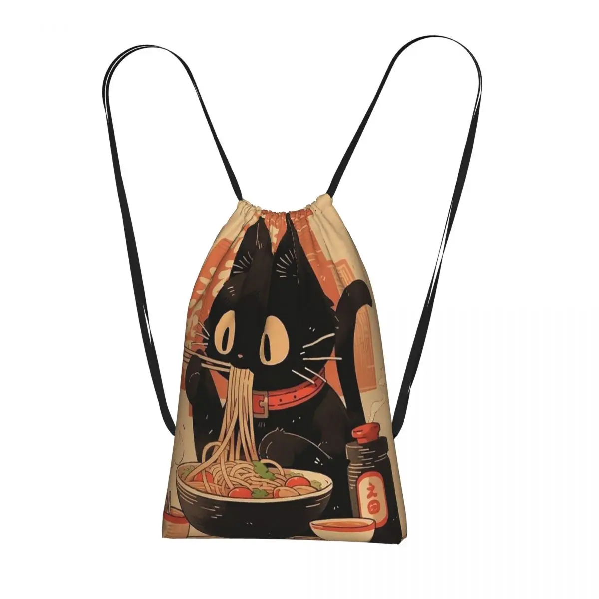 An Adorable Cat Relishing A Bowl Of Ramen Backpacks Multi-function Drawstring Bags Storage Bag Book Bags for Travel School