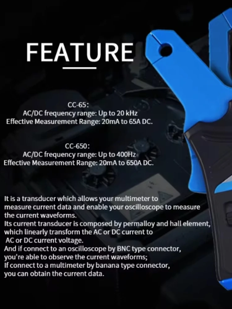 AC/DC Current Clamp Meter Hantek Oscilloscopes CC65 CC650 AC/DC 20KHz 400Hz Bandwidth 1mV/10mA 65A/650A with BNC plug