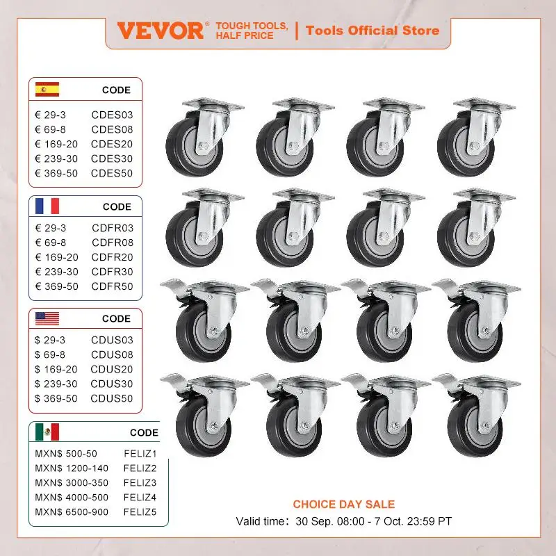 VEVOR-juego de ruedas de poliuretano de alta resistencia, ruedas giratorias de 5 pulgadas, todas las ruedas de freno, antideslizantes, sin marca, rotación de 330 lbs y 360 °, 16 paquetes