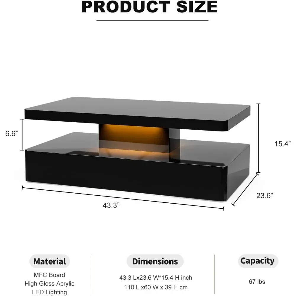 Mesa de centro moderna, sala de estar negra para mesa de centro, mesa de centro de diseño rectangular contemporáneo con luces LED de 16 colores