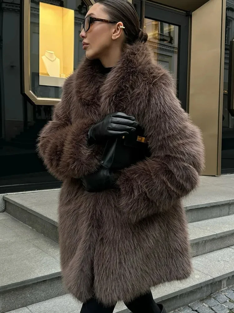 Verdickter Plüsch-Wintermantel für Damen 2025, Fuchs-Stil, Kunstpelzjacke, langes Street-Luxe-Design mit übergroßem Revers