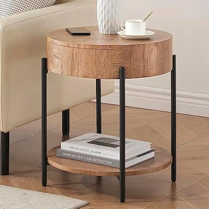 

End Table Round Side Table with Drawer Circle End Tables Wooden Bedside Table Metal Frame Farmhouse Nightstand for Living Room