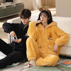 Casual Zipper Hooded Pajama Sets Winter Flannel Plush Thicken Warm Sleepwear New Fashion Cartoon Bear Pajamas In Set Couples