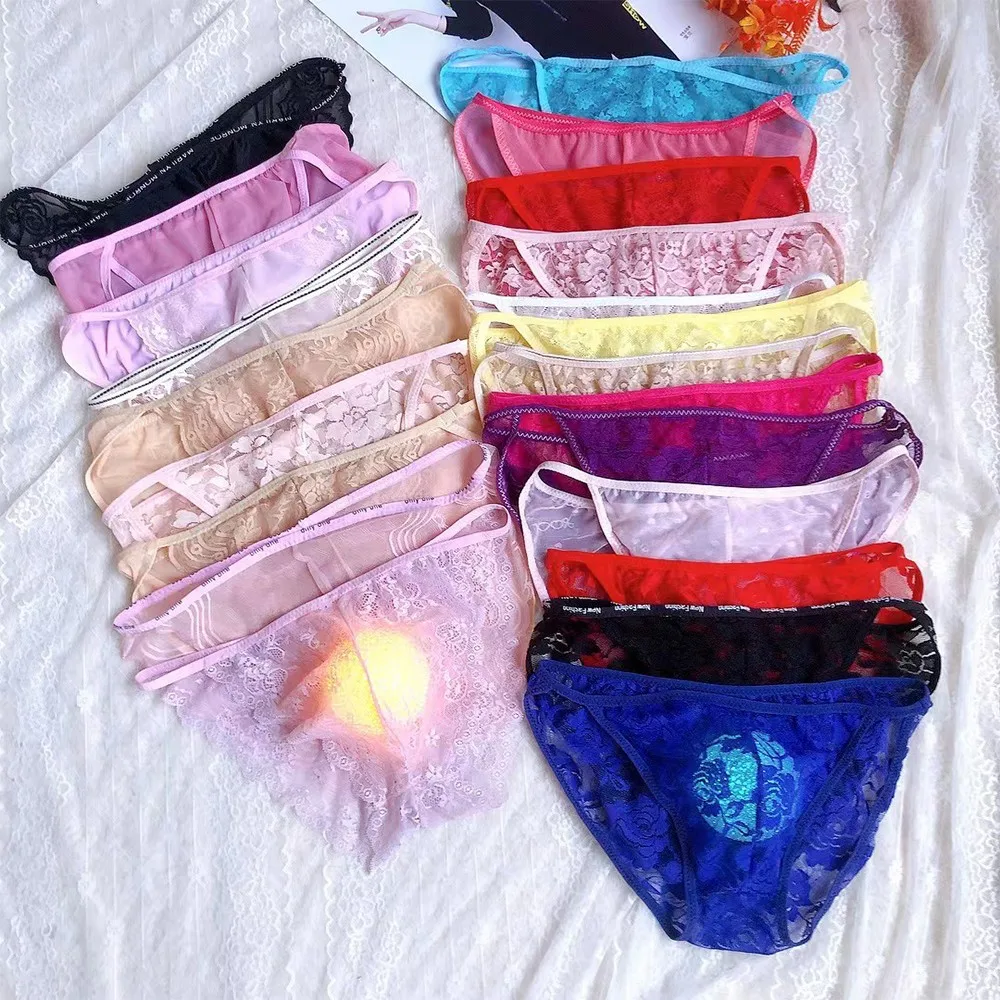 

Sexy Men Lace Sheer Pouch G String Breathable Bikini Men's Triangular Panties Briefs Thongs Underwear For Hot Man Underpants